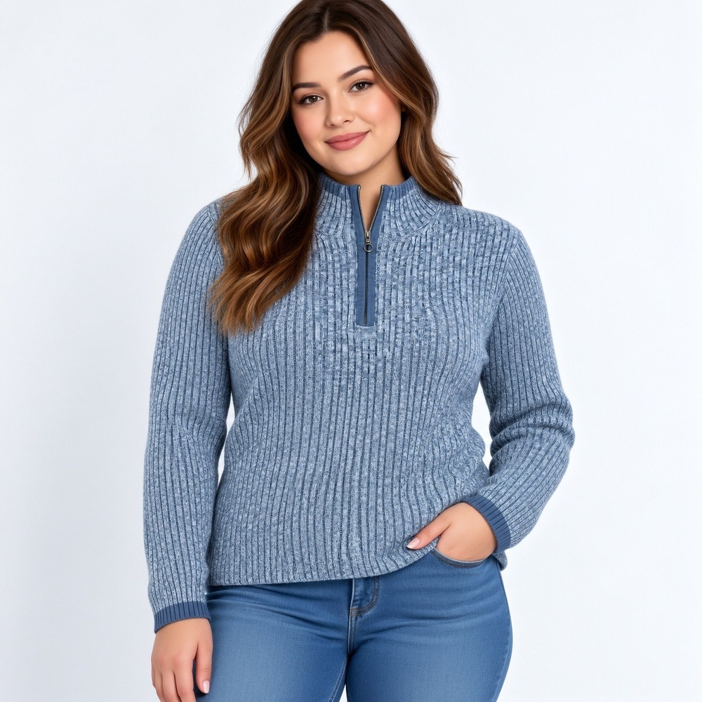High Sierra Quarter Zip Sweater Women Large Blue Marled Ribbed Cotton Pullover